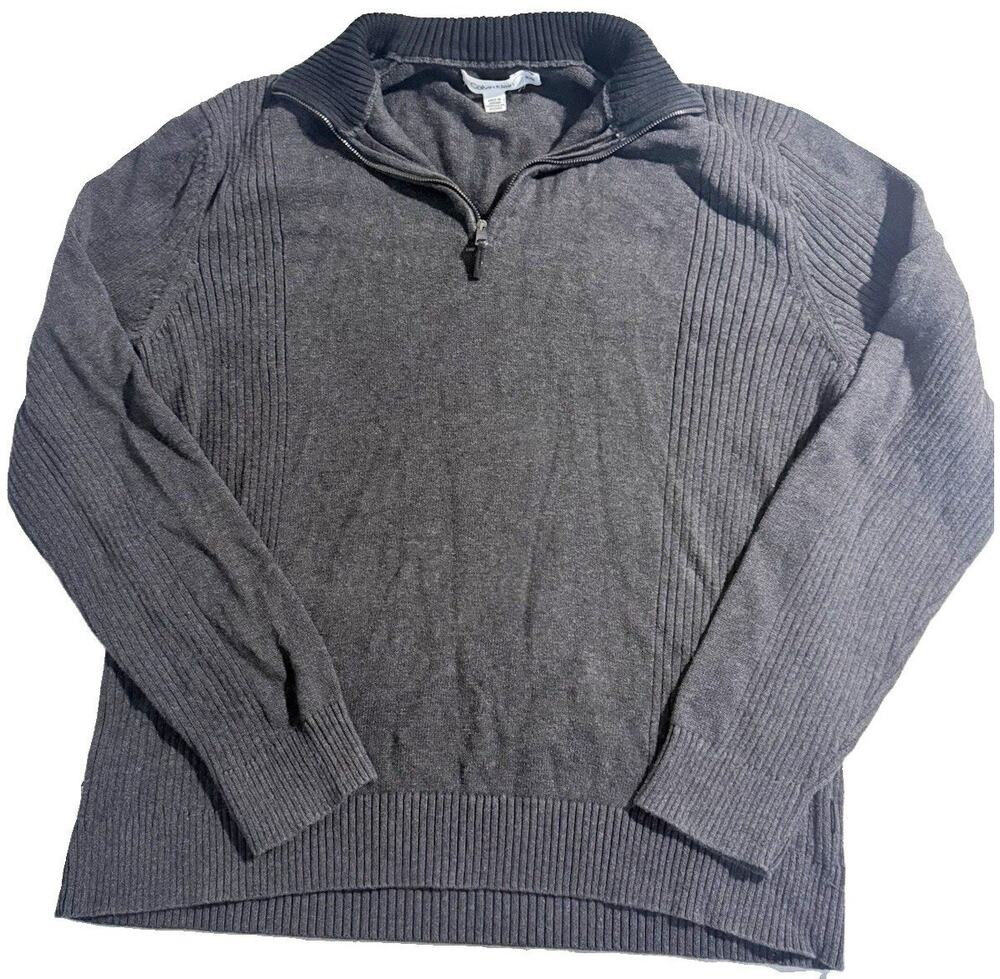 Calvin Klein XL Gray Quarter Zip Sweater 100% Cotton Ribbed Pullover